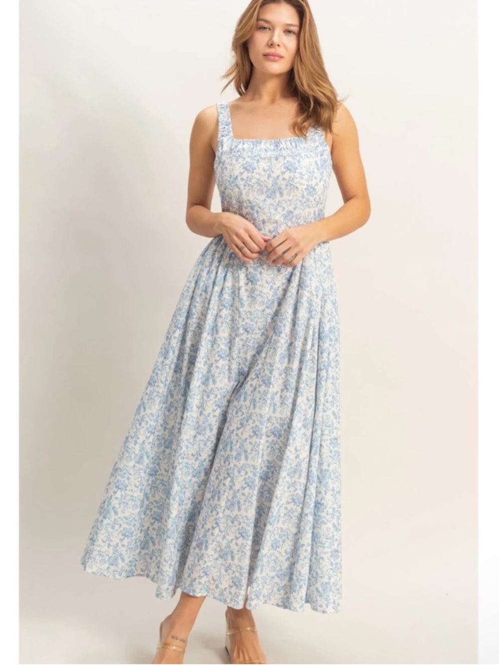 HYFVE Blue Floral Cotton Empire Waist Maxi Dress Square Neck Cottagecore Large